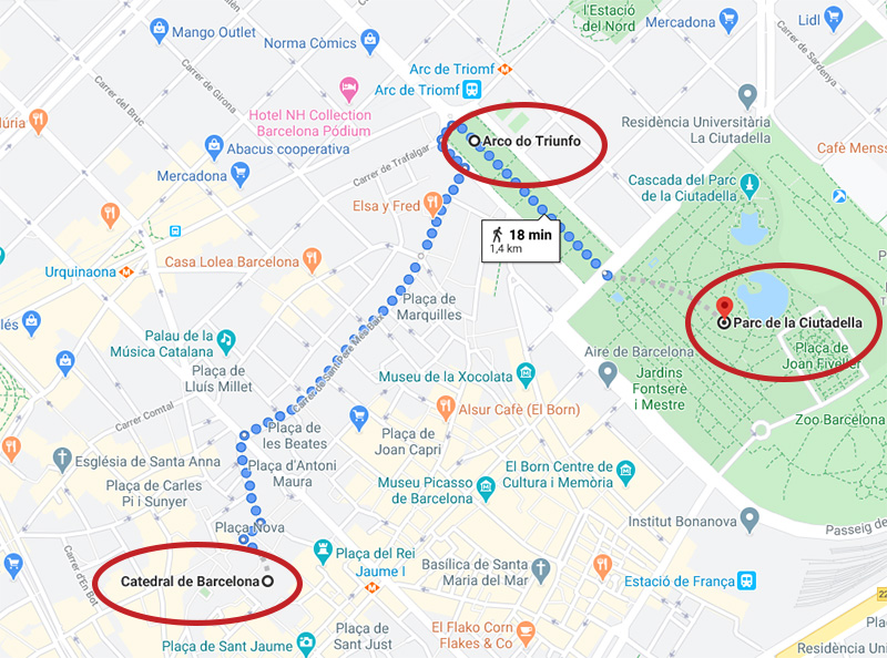 Mapa com a distância entre a Catedral de Barcelona, Arco do Triunfo e Parc de la Ciutadella a pé