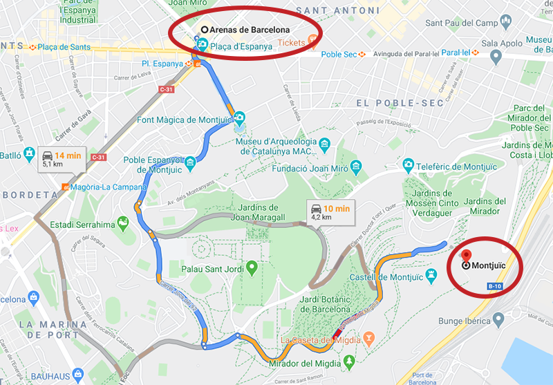 Mapa com a distância do shopping Arenas de Barcelona até Montjuic de carro