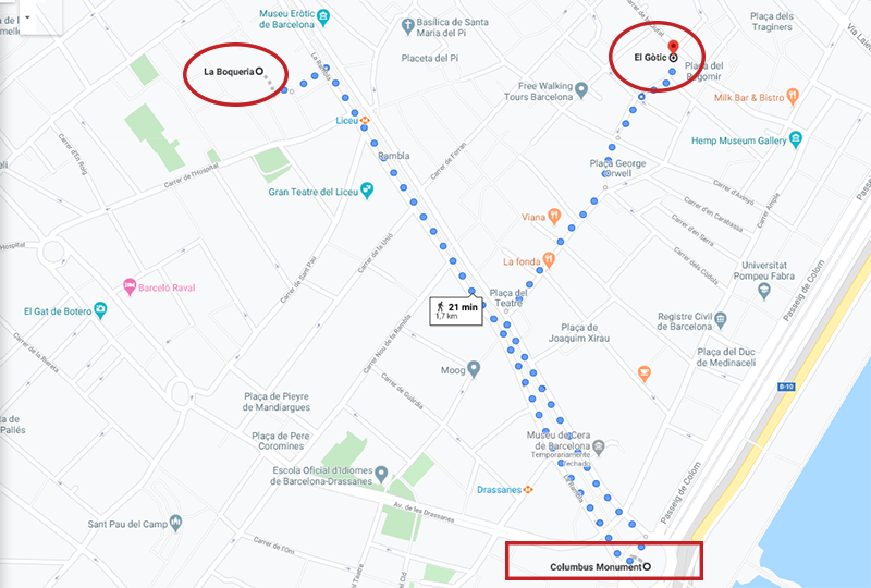 Mapa de rota entre o Mercado La Boquería, Monumento de Cristovão Colombo e Bairro Gótico a pé