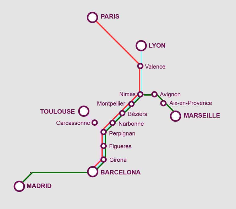 Mapa da viagem de trem de Barcelona a Marselha