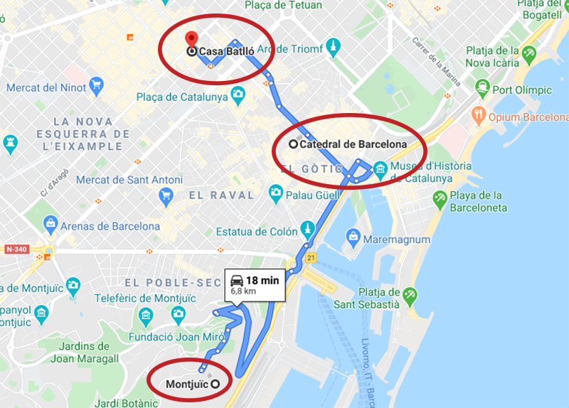 Mapa com as distâncias entre Montjuic, Catedral de Barcelona e Casa Batlò