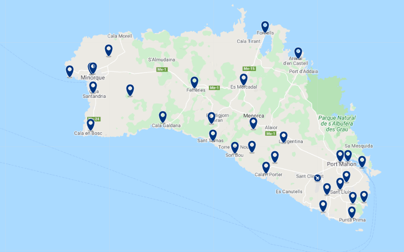 Mapa de onde ficar em Menorca