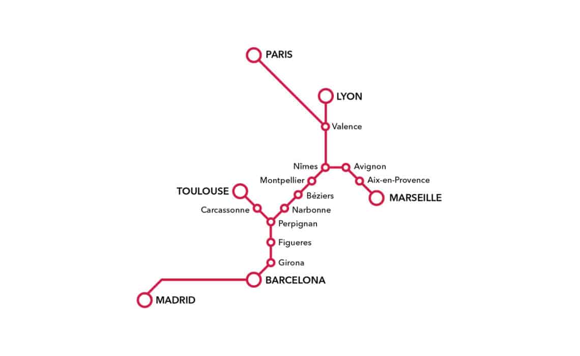 Mapa de trem de Madri a Paris