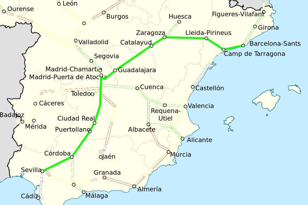 Mapa da viagem de trem de Barcelona a Sevilha