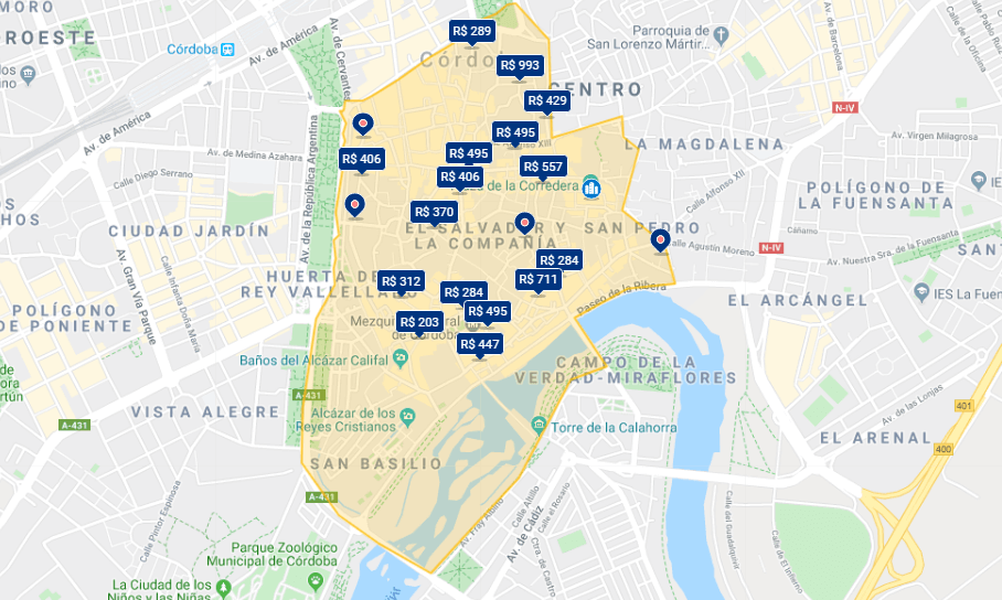Mapa de onde ficar em Córdoba