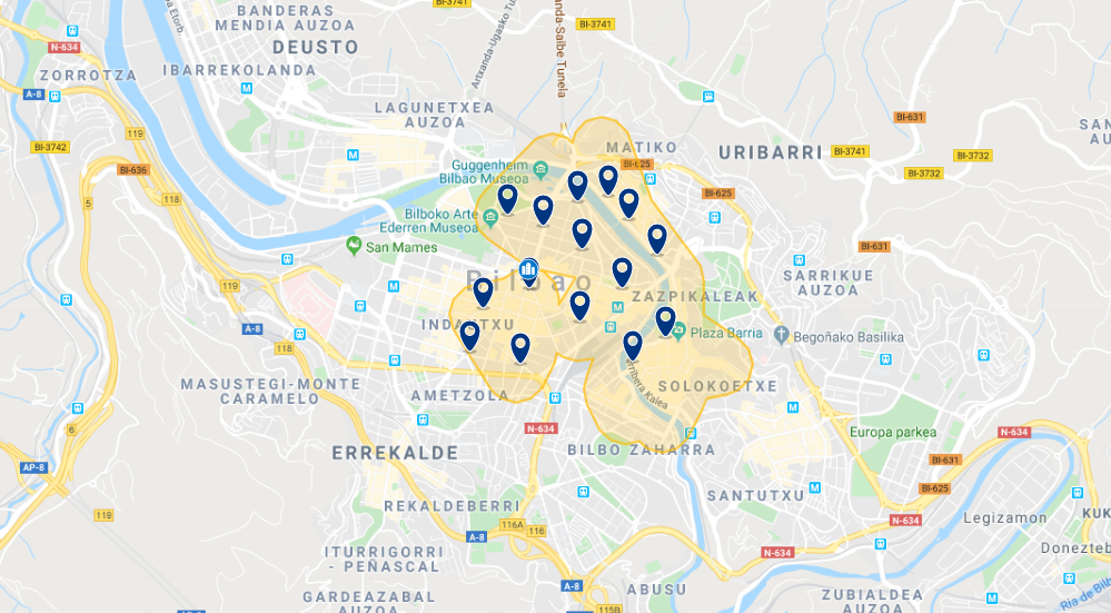 Mapa de onde ficar em Bilbao