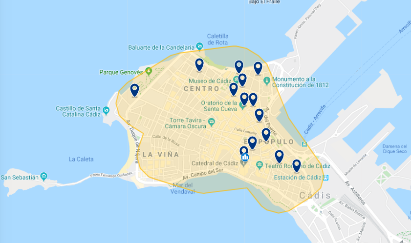 Mapa de onde ficar em Cádiz