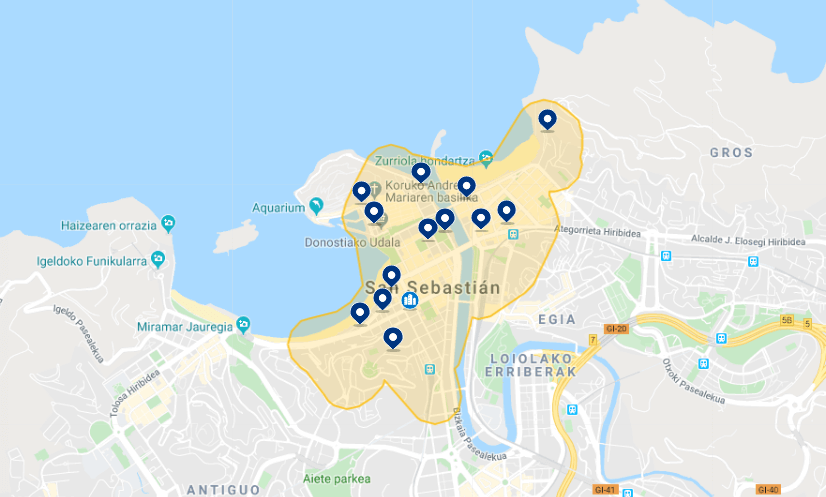 Mapa de onde ficar em San Sebastián