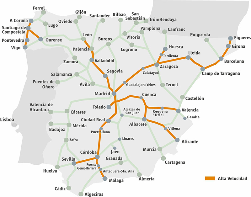 Mapa de rotas dos trens RENFE na Espanha