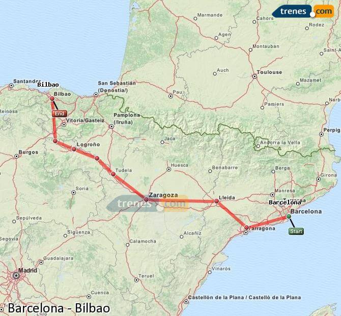 Mapa de trem de Barcelona e Bilbao
