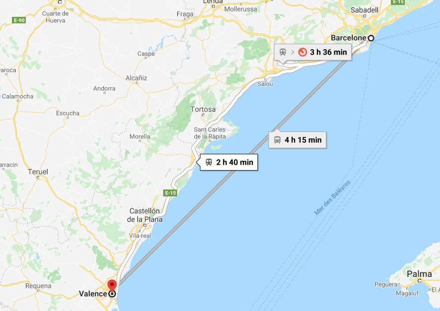 Mapa Barcelona a Valência