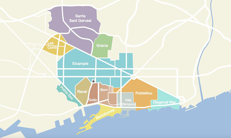 Mapa de bairros e regiões em Barcelona