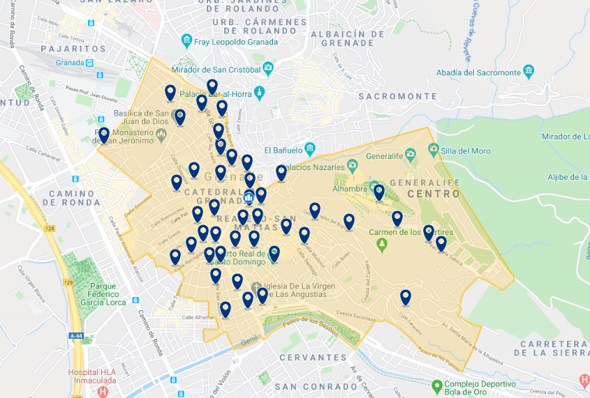 Mapa de onde ficar em Granada